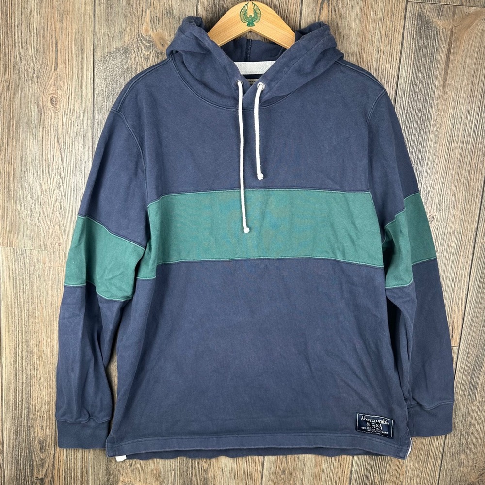 Abercrombie & Fitch Mens XL Rugby Cloth Hoodie Navy Blue Green Stripe Pullover